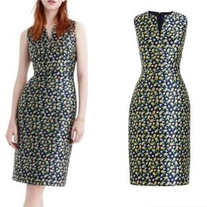 LN J. Crew Navy Blue Yellow Lemon Jacquard Sheath Dress - 6